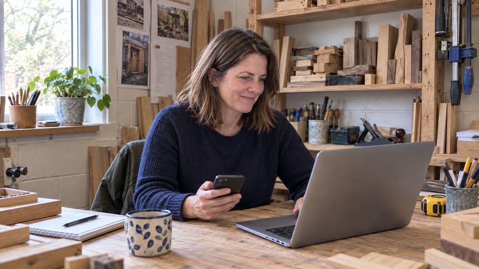 A business owner at her workbench asking for an accountant from her laptop