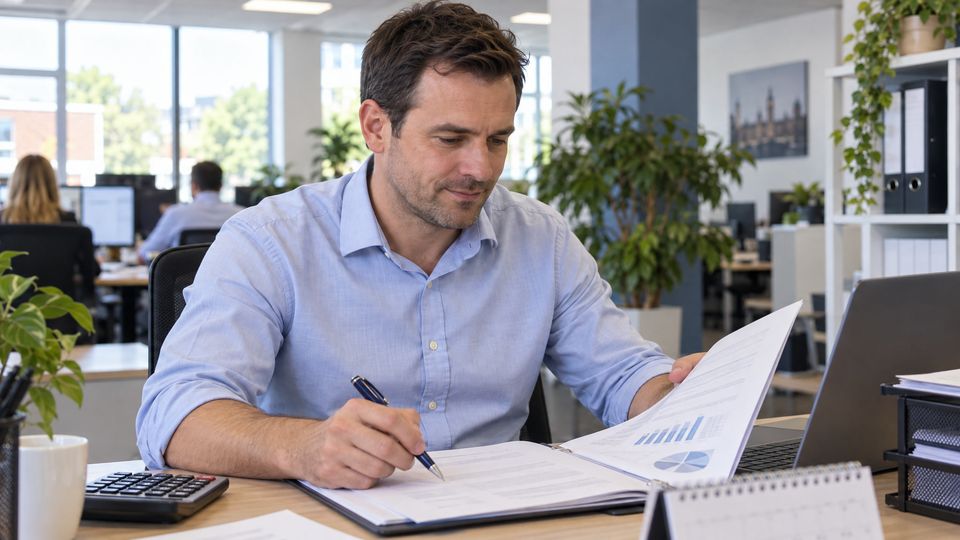 An accountant reviewing a client file at his desk
