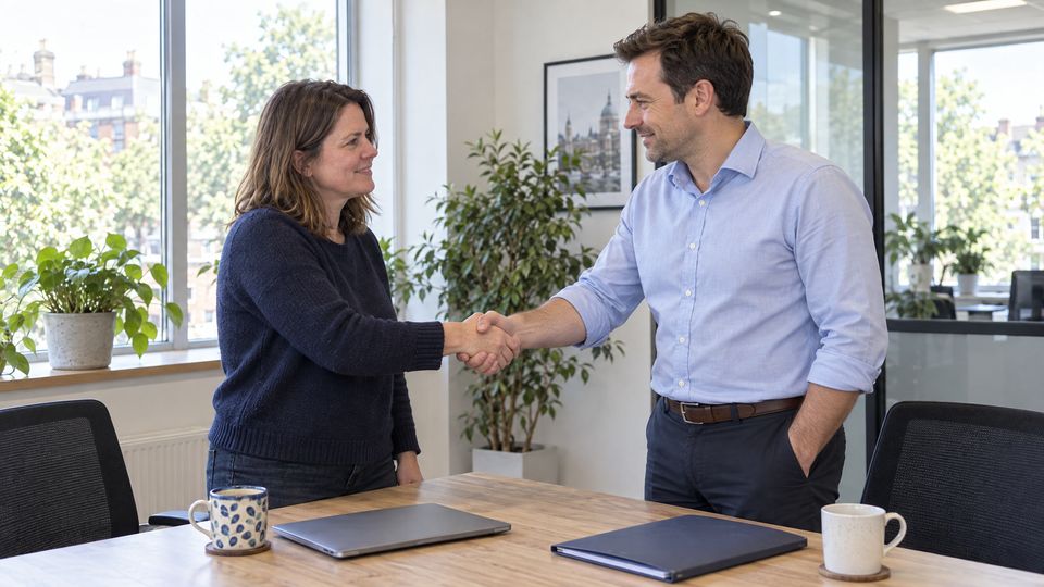 The business owner and the accountant shaking hands across a meeting table